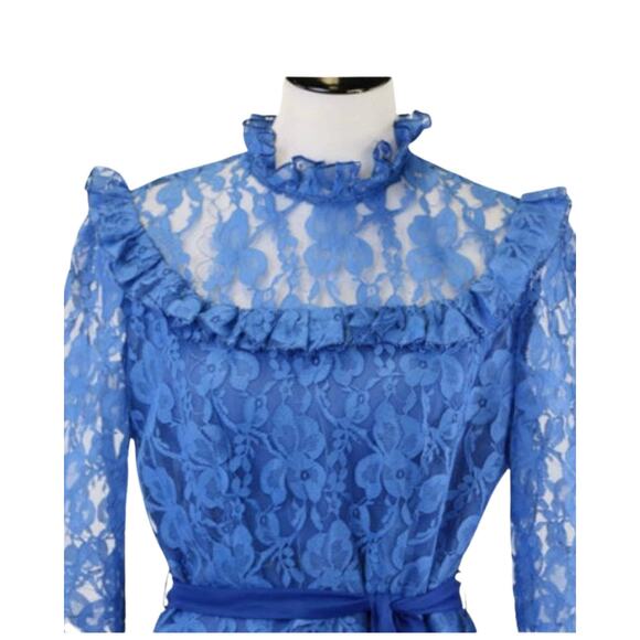 Vintage Cobalt Blue Lace Dress with Lace Ruffled Neckline/Cuffs Med/Large - Picture 1 of 8